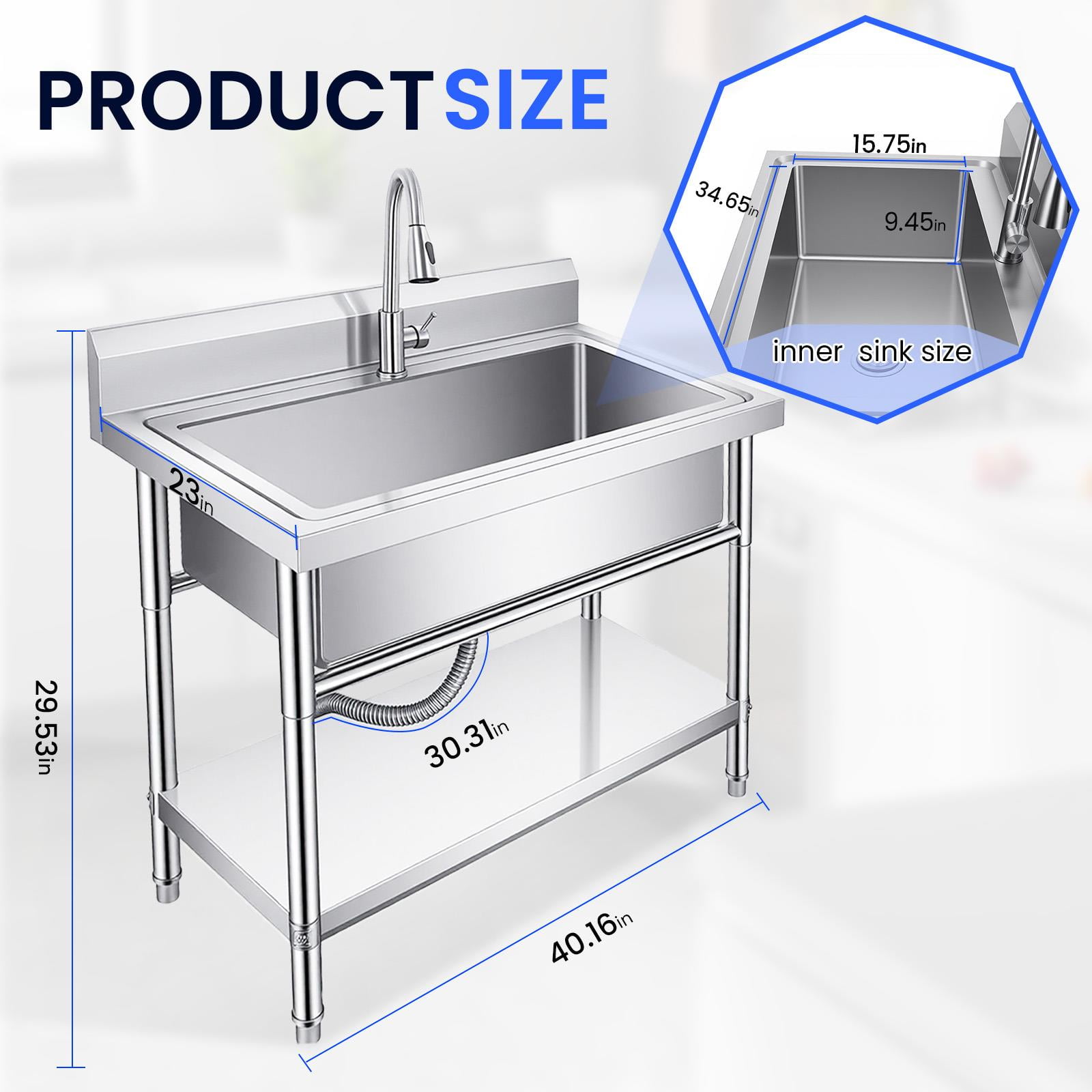 Free Standing Sink, Commercial Sink, Freestanding Utility Sink with Hot & Cold Water Pipes and pull-out Faucet, Stainless Steel Indoor and Outdoor Sink for Backyard Cleaning Station