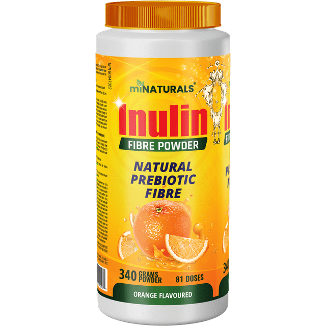 Pure Inulin Fiber Powder - Natural Prebiotic Fibre Supplement (340g - 81 Doses) - Orange Flavoured by miNATURALS. A cylindrical container with a bright orange and yellow design featuring fresh orange slices. Promotes gut health, acts as a natural laxative, and may regulate blood sugar levels. Vegan, GMO-free, gluten-free, made in a Canadian cGMP-certified facility, and Health Canada licensed (NPN 80047322). Ideal for digestive health and fibre supplementation.