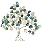 Modern Tree of Life, Metal Wall Decor Sculpture, Gold, Gray, Teal Blue Leaves, Artisan Crafted Metal, Distressed Rustic Finish, Lacquered Iron, 46.5 Wide x 42.5 Tall Inches, Bas-relief