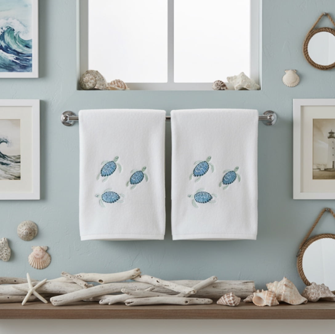 Serafina Home Turtle Bath Towels: Summer Nautical Soft Absorbent Guest Sea Turtle Decor: Aqua Blue Turquoise Embroidery Design, 2 Piece 27" x 54"Inches