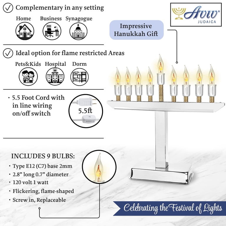 Chrome Electric Menorah with Flickering Flame Bulbs photo 3