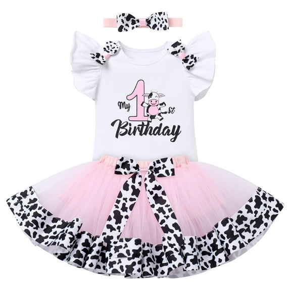 FYMNSI Baby Girl Milk Cow Theme 1st First Birthday Cake Smash Outfit One Year Old Farm Animal Party Clothes Short Sleeve Romper Tutu Skirt Headband 3pcs Set