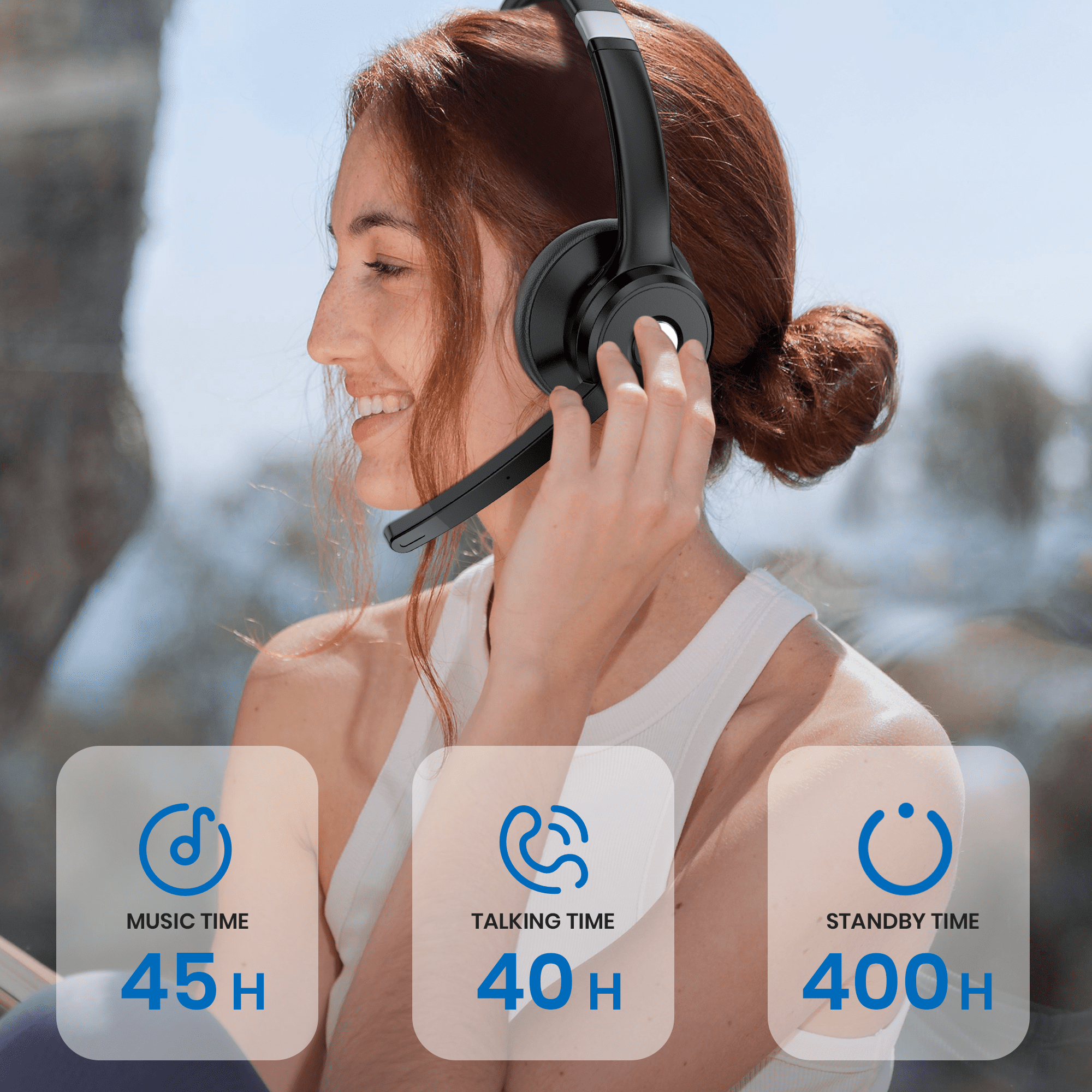 LUXMO Trucker Bluetooth Headset with Noise canceling Microphone, Wireless Bluetooth Headset Over The Head Earpiece for iOS & Android Mobile Phone, Skype, Truck Drivers, Call Center