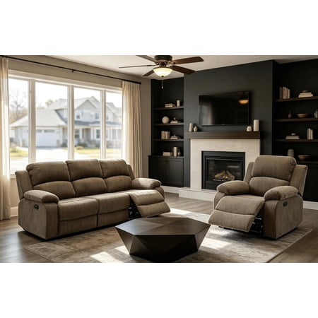 Manual Recliner Sofa Set, Fabric Reclining Couch with Drop-Down Table & Cup Holders Overstuffed Seats with Plush Back Support, Living Room Furniture & Home Theater Seating(Sofa+Chair)