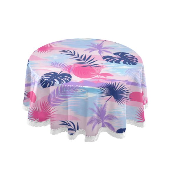Round Single Sided Printed Tablecloth, 60 Inch Polyester Round Table Cover with White Lace Trim, Wrinkle Resistant Decorative Table Cloth for Home Monstera Pink Purple