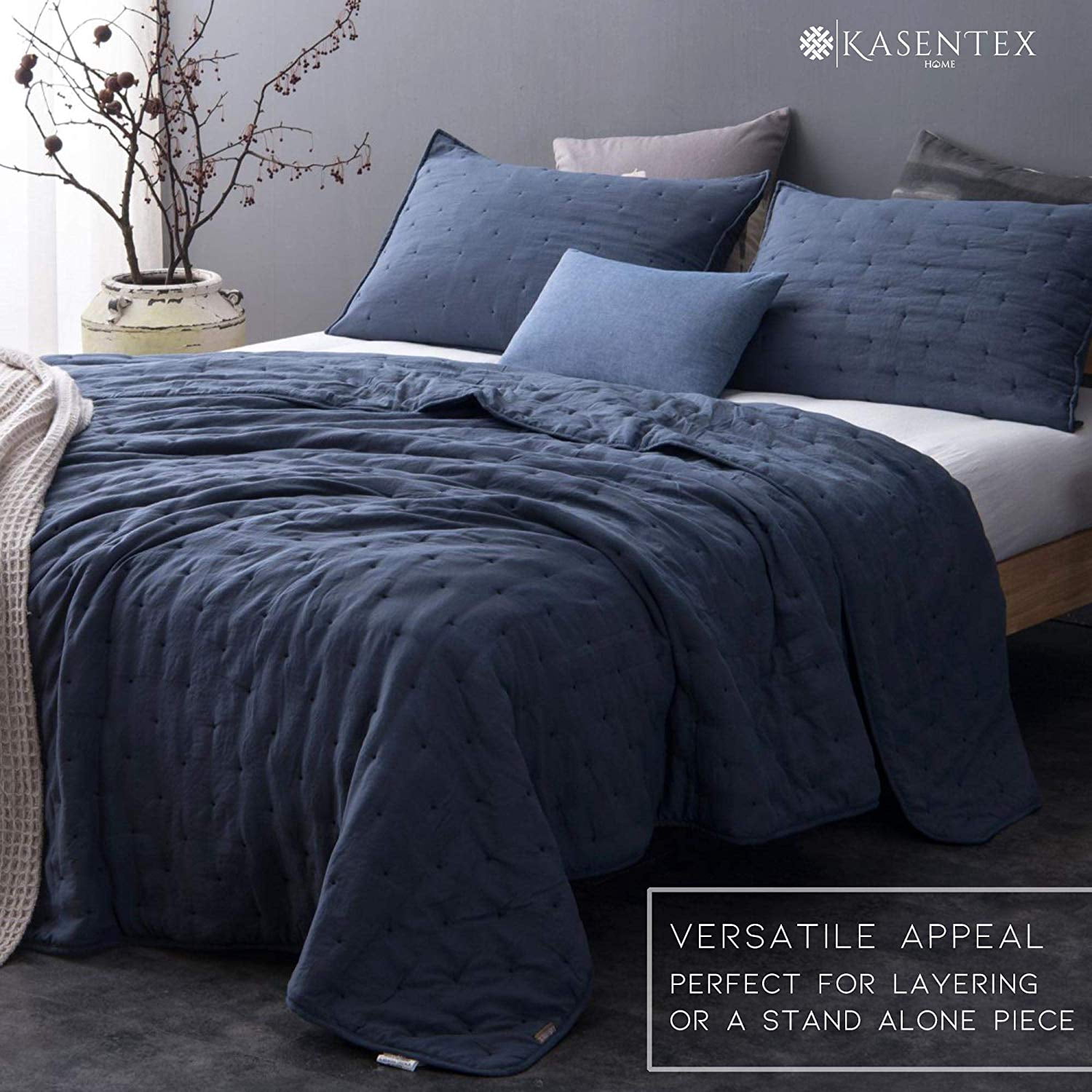 Kasentex  3-Piece Quilt Set Ultra Soft Microfiber Stone-Washed Lightweight All Season Blue Queen