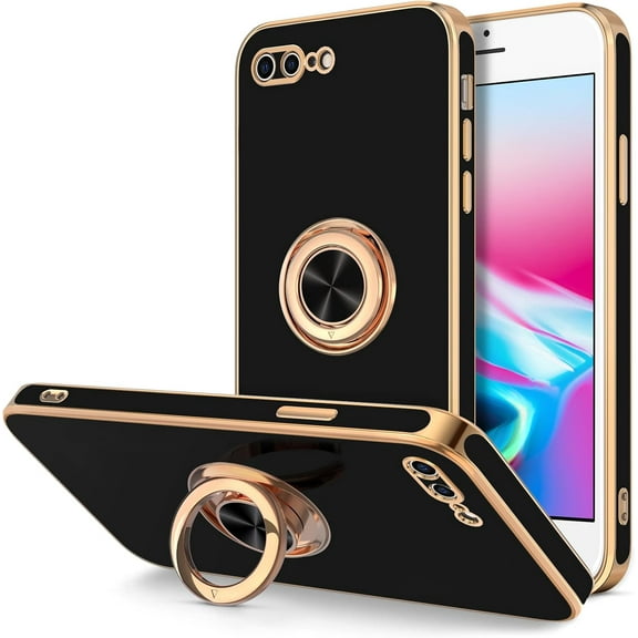 Case for iPhone 8 Plus Case & iPhone 7 Plus Case Ring Holder Stand Magnetic Kickstand, Plating Rose Gold Edge Soft TPU Bumper Cover Shockproof Protective Phone Cases for Women Girls Boys, Black