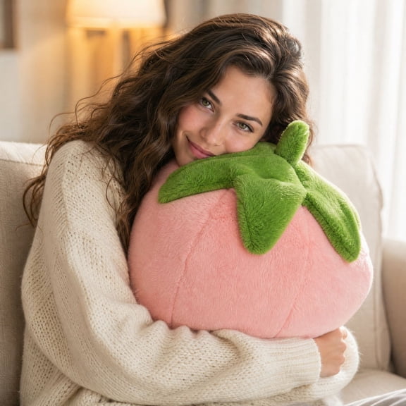 Large Strawberry Plush Pillow, 3D Fruit Shaped Cushion for Sofa Bed Chair Car, Soft Decorative Throw Pillow, Cute Food Theme Home Decor and Gift for Room Styling