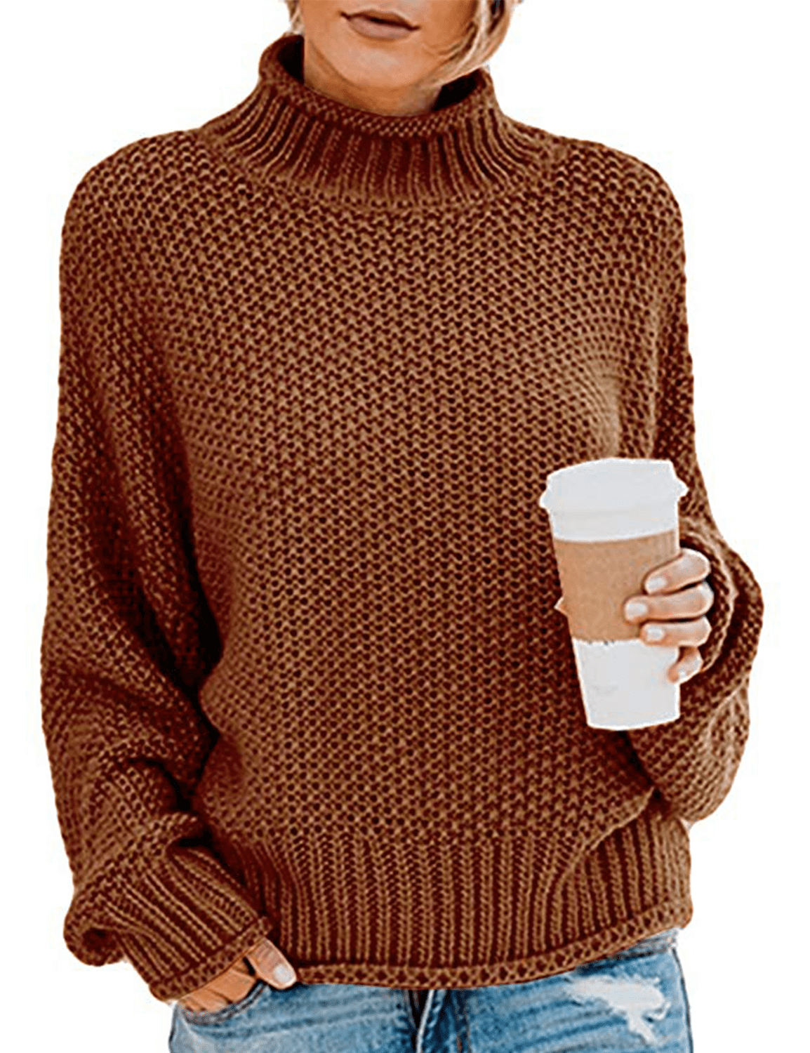 Prettyguide Women's Oversized Sweater Batwing Sleeve Cable Knit Loose Chunky Turtleneck Sweater XL Brown