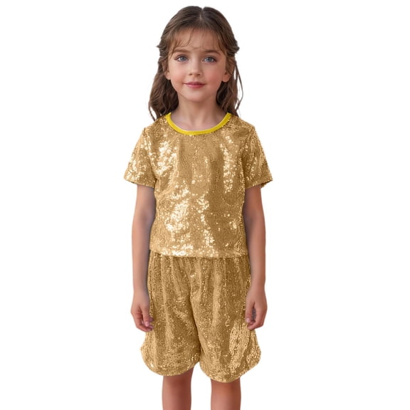 XEGLSBU T Shirts for Girls 10-12 Plus Size Glam Party Sequin Bodied Short Sleeve Top for Girls Sparkly Performance T Shirt for Dance and Events with Sleek Fit Gold Size 3-7 Years
