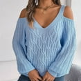 thumbnail image 3 of UTSJKR Women's Trendy Cold Shoulder Sweaters 2024 Fashion Clothing Solid V Neck Pullover Tops Cable Knit Loose Oversized Jumper Long Lantern Sleeve Sleeve Fall Sweaters Blue M, 3 of 8