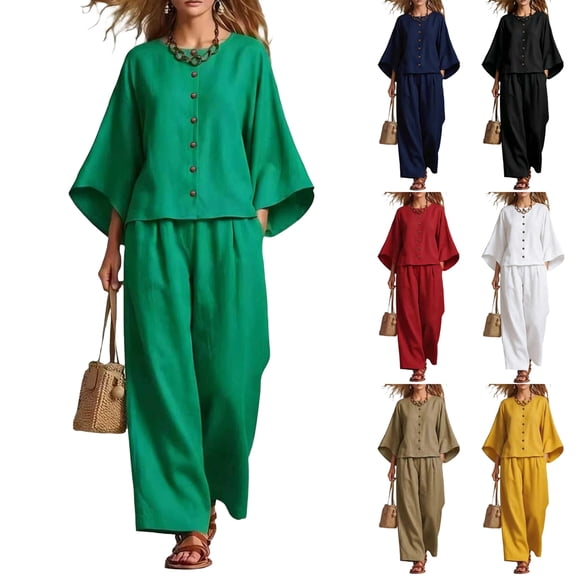 Women's 2 Piece Summer Outfits Solid Color Oversized 3/4 Sleeve Tops Wide Leg Pants Set