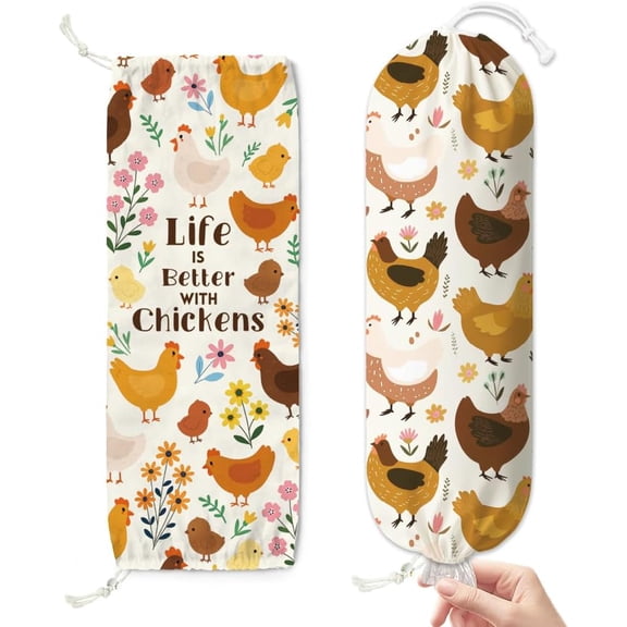 2 Pcs Chicken Plastic Bag Holder Hanging Grocery Bag Organizer with Drawstring Bottom 23" x 9" Large Storage Bags Dispenser Canvas Multi-color