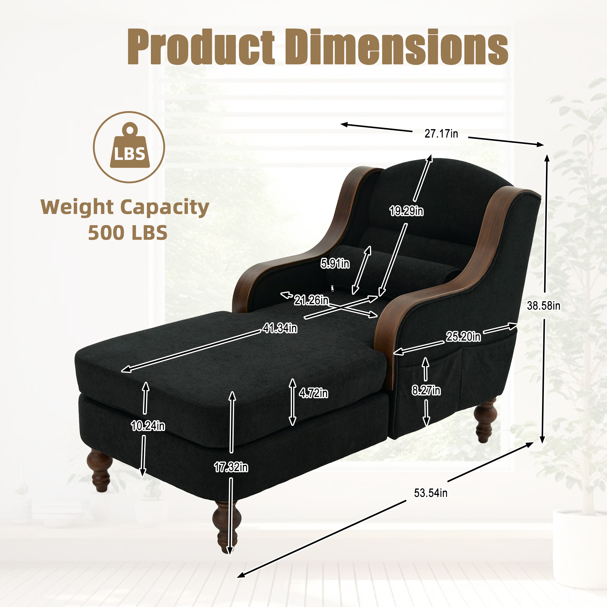 MOONMISS Chenille Upholstered Wood Frame Oversized Chaise Lounge with Side Pocket for Living Room,Bedroom-Black