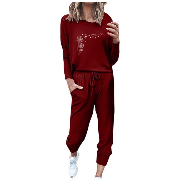 Gibobby Conjuntos de sudadera con bloques Traje casual de pantalones de manga larga con estampado de diente de león de color sólido para mujer (estilo 2)(Vino,CH)
