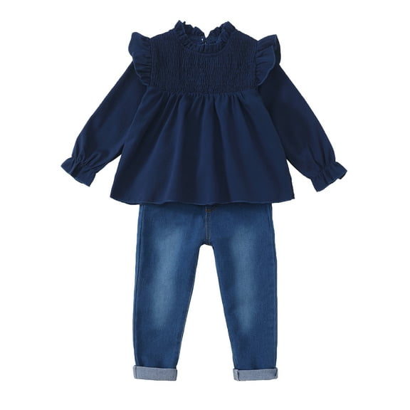 7Y Big Girls Clothes 8Y Girls 2PCS Fall Winter Denim Outfits Set Big Girls Ruffle Long Sleeve Top Denim Pants Set Dark Blue