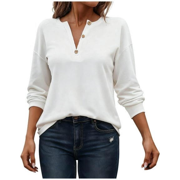 LIaqionyy Women Sweatshirts V Neck Casual Button down Blouses Tunic Tops Fashion Business Work Outfits