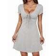 thumbnail image 3 of Women'S Short Sleeves Drawstring Front Ruched Short Dress V Neck A Line Tshirt Dresses Light Gray XS, 3 of 9