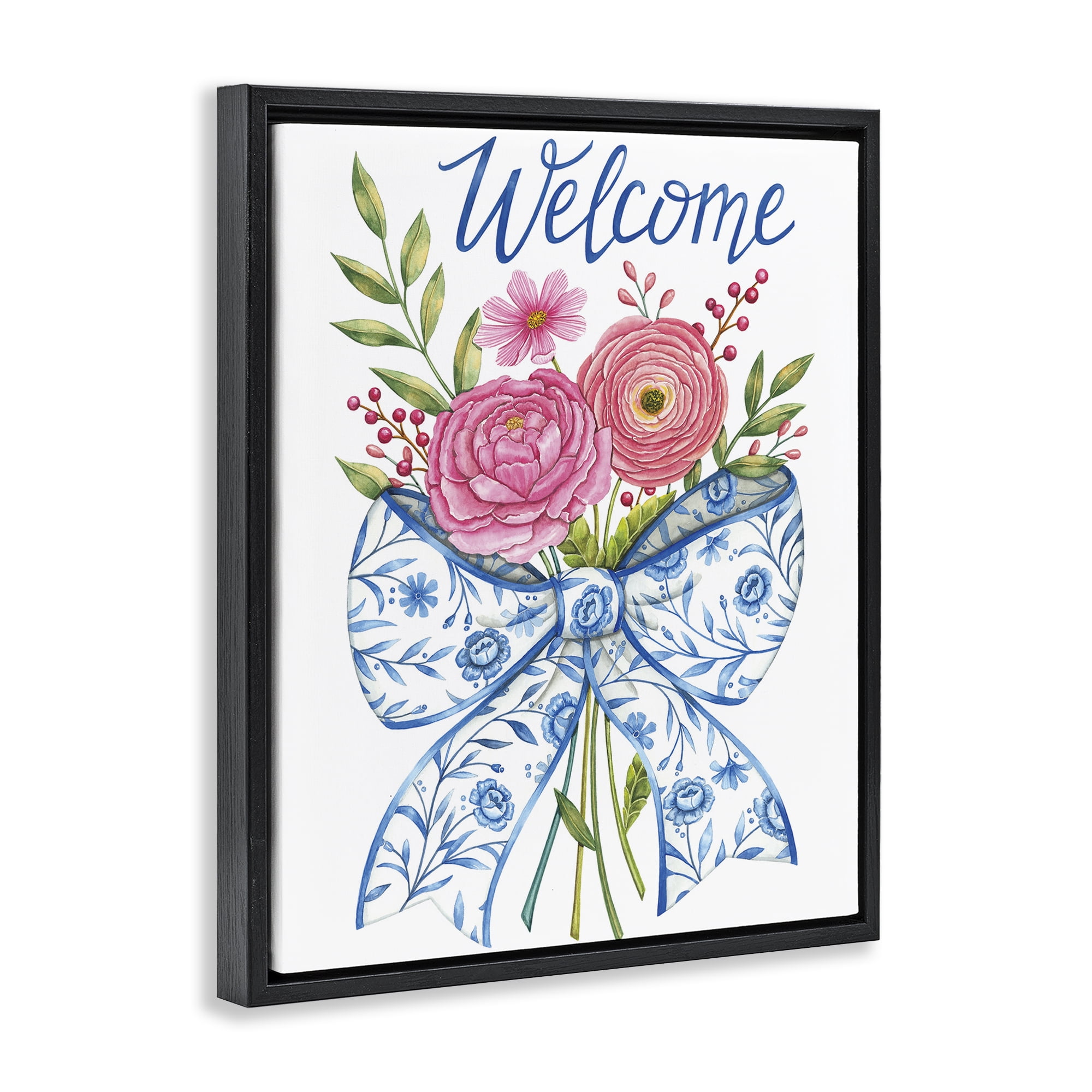 Stupell Industries Bow & Flowers Welcome Black Framed Floater Canvas Wall Art, design by Deb Strain