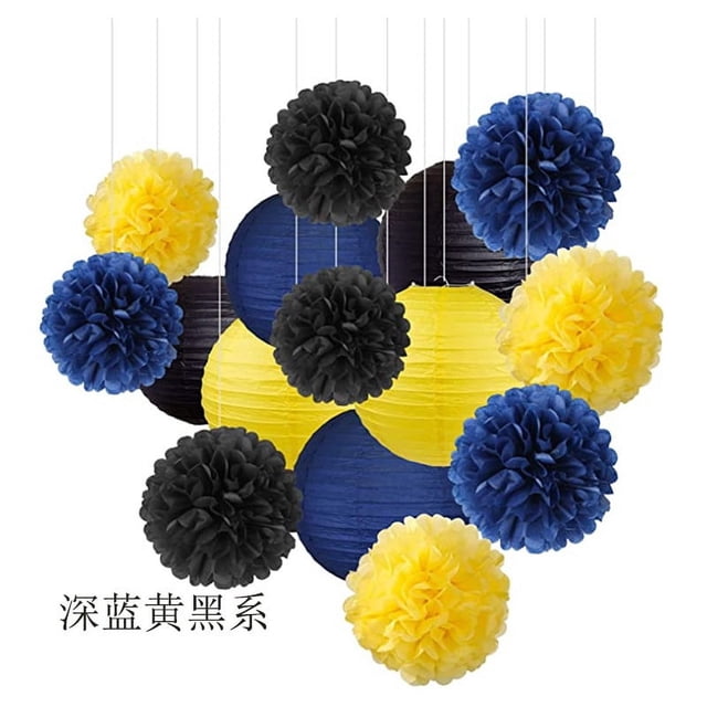 Nvzi Juego de 30 linternas de papel con combinación de bolas de flores, farolillos de papel redondos colgantes para decoración de fiestas,, serie azul oscuro, amarillo y negro