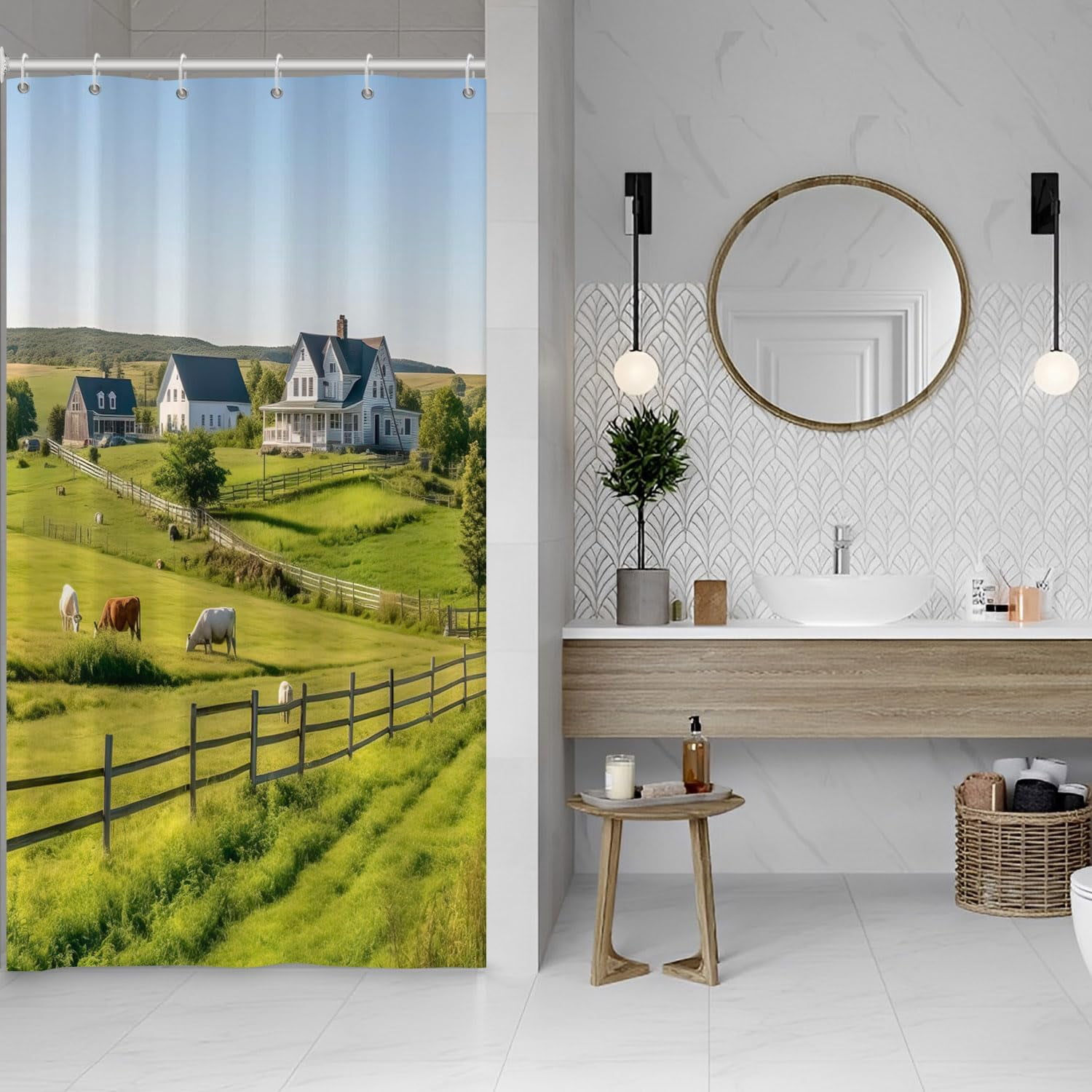 Rustic Farmland Bathroom Curtain Decor with Hooks for Bathroom Green Grassland Farmhouse Cow Rural Landscape Bathroom Curtains 36x72 Inch with Hooks Countryside Bathroom Shower Curtain Set