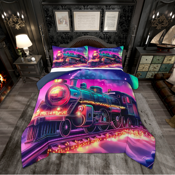 Erosebridal Train Print Bedding Sets Full with Comforter, Steam Engine Duvet Insert, Hot Pink, Reversible, 3 Pieces