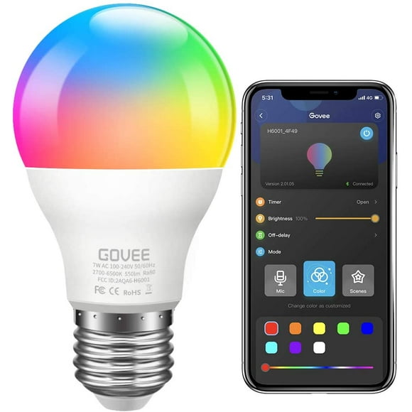 RGB Light Bulbs, Bluetooth Light Bulb A19 7W 60W Equivalent, Music Sync LED Color Changing Light Bulb for Party, Timer for Sunrise and Sunset Mode, Multi Decorative Coloured Light Bulbs