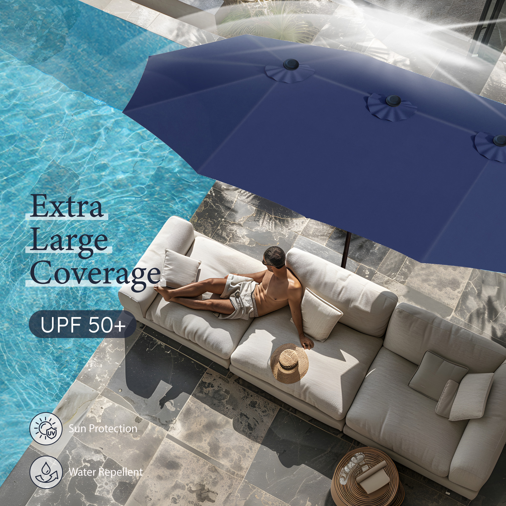 Summit Living 15 FT  Double-Sided Patio Umbrella with Base Large Outdoor Table Umbrella Navy Blue - image 5 of 11
