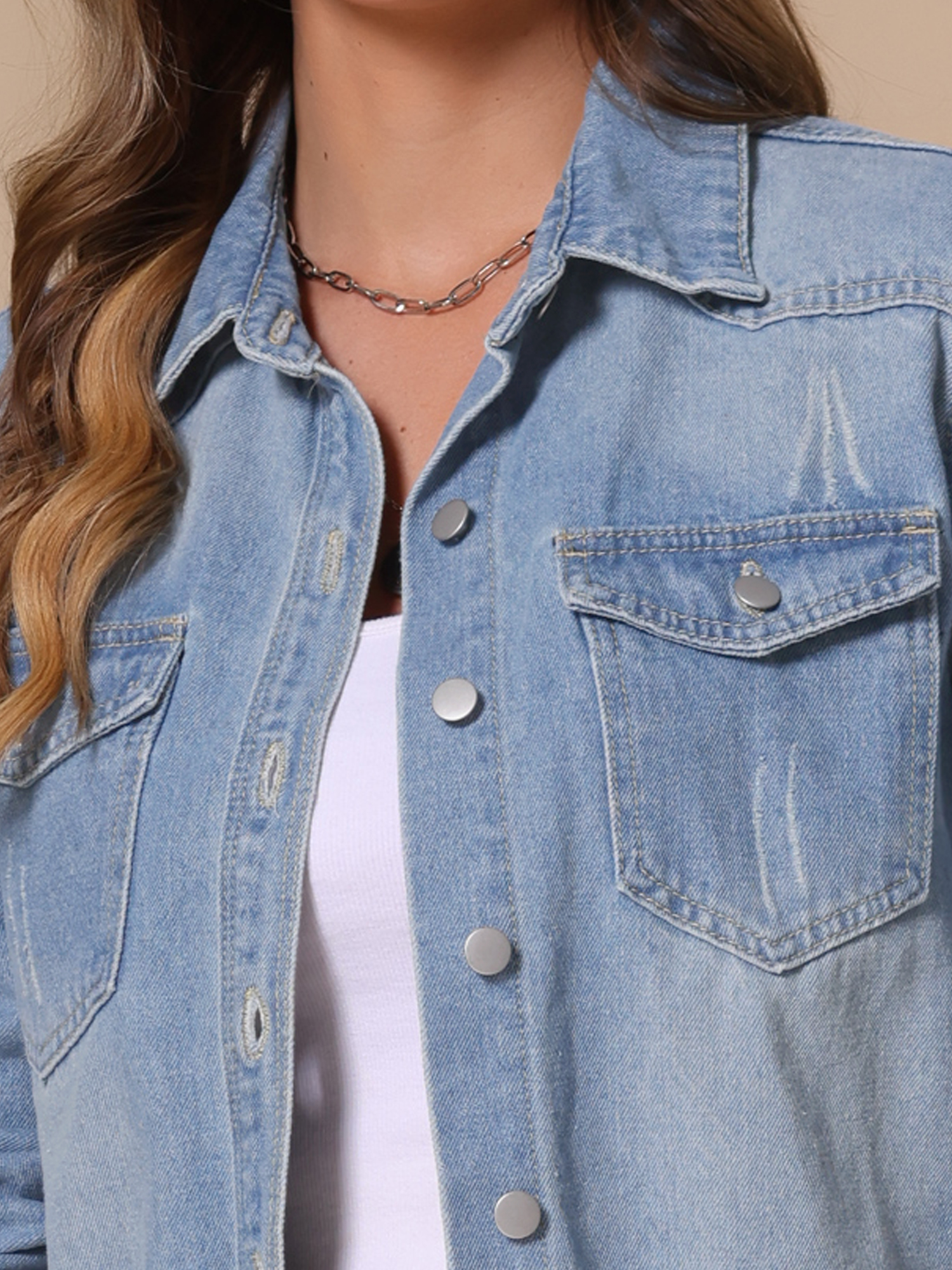 DARING DIVA Women's Frayed Hem Ripped Distressed Denim Jacket XS Light Blue