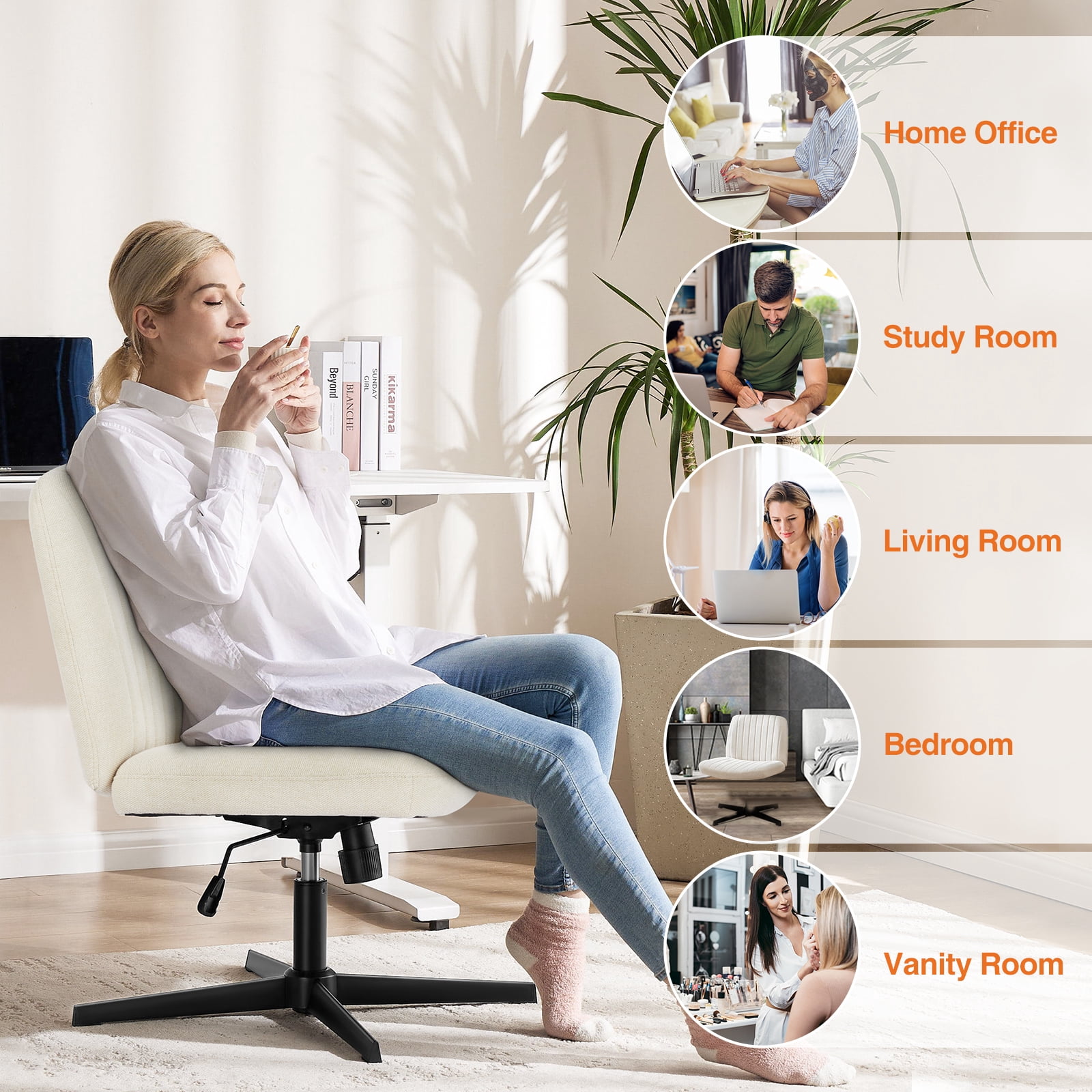 MAYEERTY Armless Criss Cross Chair Office Chair Vanity Chair for Bedroom Office, Beige