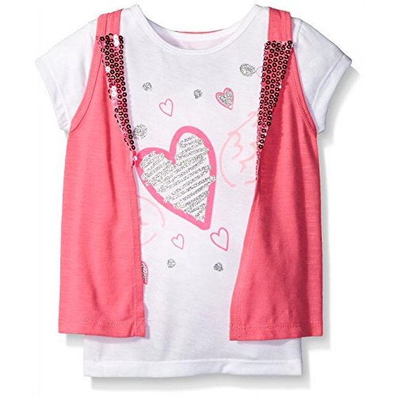 Dream Star Girls' Little Slub Vest with Sequins and Glitter Screen Tee 2 Pc Set, Bright Pink, S (4)