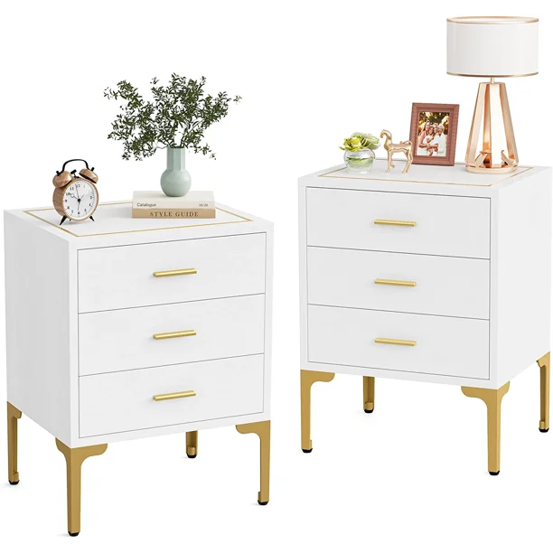 Tribesigns White and Gold Nightstand, 3Drawer Wood Night Stands End