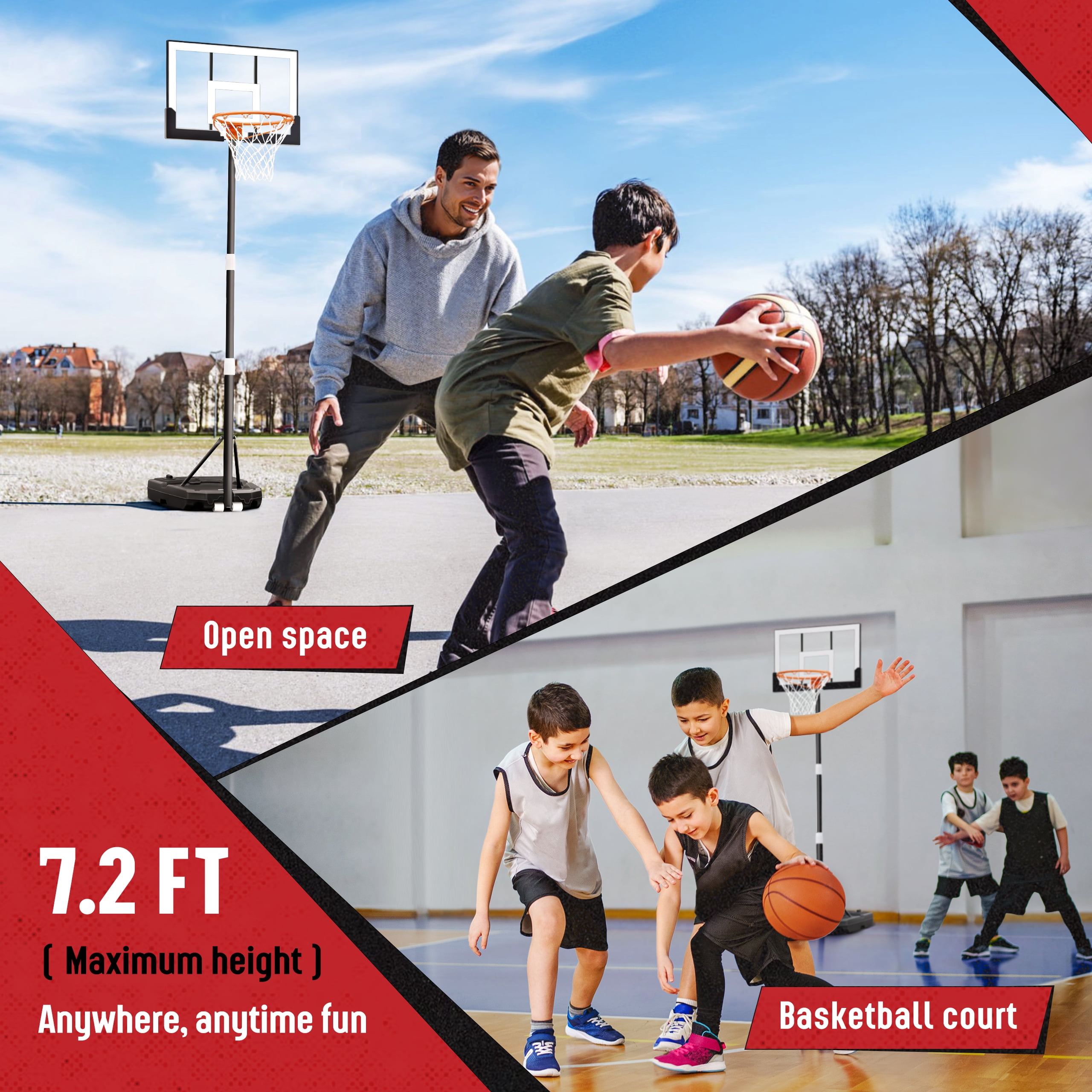 SERAY Adjustable Basketball Hoop for Kids, Teens & Adults, 3.2-7.2 feet Height, Portable Basketball Goal with 29 inch Backboard & 2 Wheels for Indoor & Outdoor Use