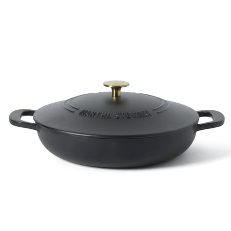 Martha Stewart Gatwick Enameled Cast Iron Braiser with Lid, 3.5-Quart Braiser Pan for Stovetop & Oven, Cast Iron Braising Pan with Gold Knob, Matte Black
