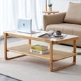 thumbnail image 2 of Yesfashion Solid Wood Modern Simple Rectangular Double Layer Solid Wood Glass Table Top Coffee Table Rattan Chinese Side Table Small Rectangular Table Suitable for Living Room, Dining Room And Bedroom, 2 of 9
