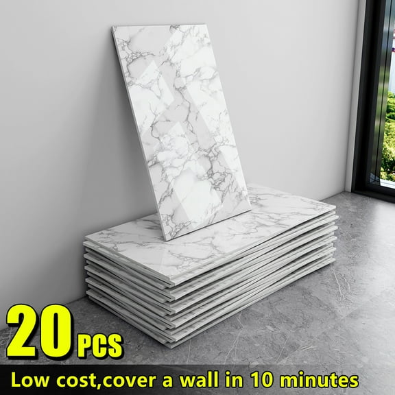 20/40-Pack Oversized Self-Adhesive Marble Wall Panels - Glossy White/Grey/Black Vinyl Planks, Peel & Stick Removable Imitation Stone for Kitchen/Bathroom/Living Room