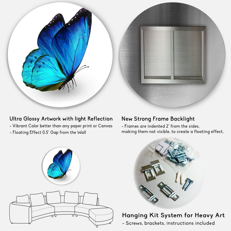 Designart Blue Butterfly Metal Wall Art - 29x29 Inch Circle