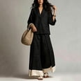 thumbnail image 5 of Costeam Womens Solid Linen Blend Two Piece Outfit V Neck Three Quarter Sleeve Crop Top Contrast Cuff Wide Leg Full Length Pants Loose Fit Casual Bohemian Co Ord Set, 5 of 5