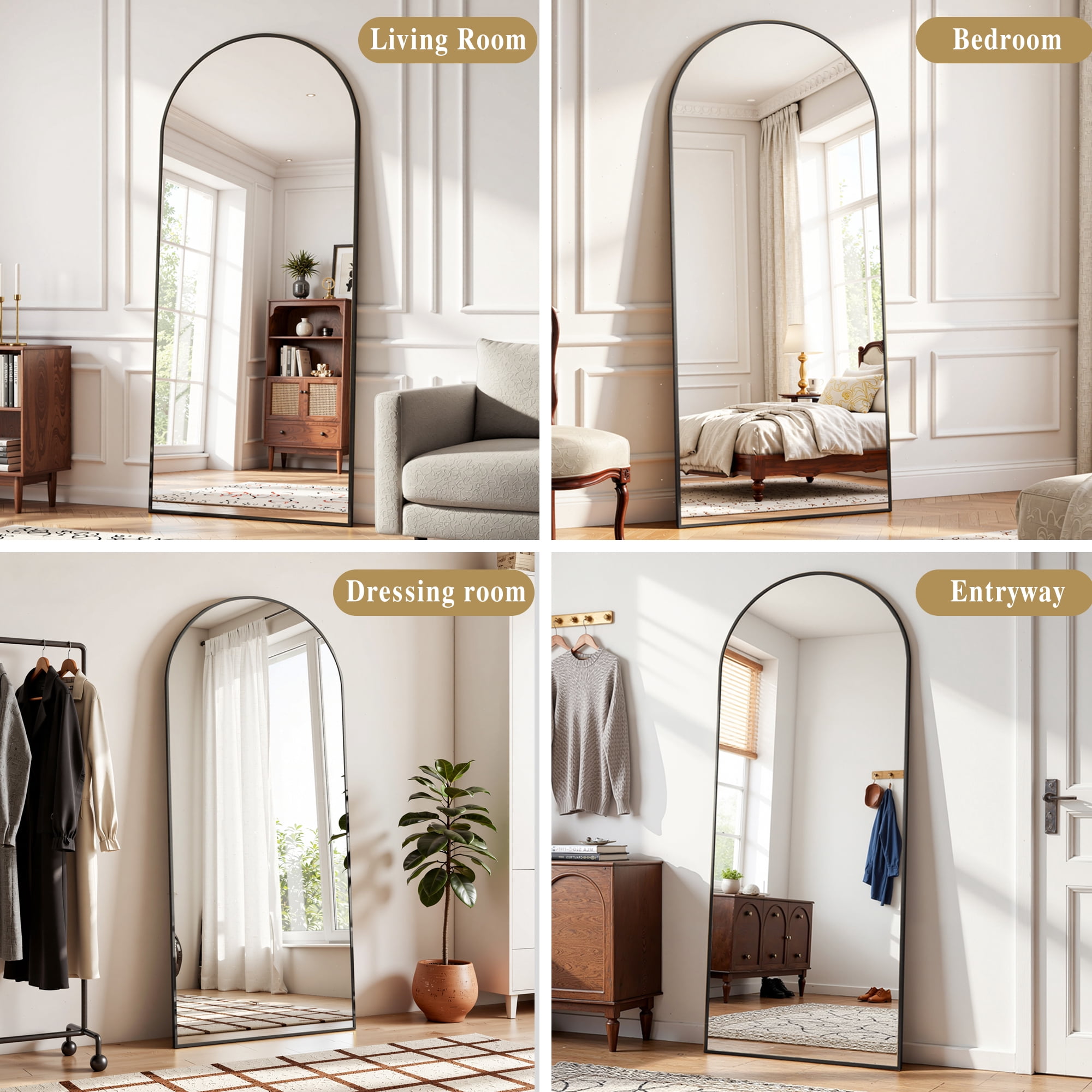 SHATTERVUE 78"x35" Arched Large Full Length Mirror Floor Mirrors Wall Mounted,Black