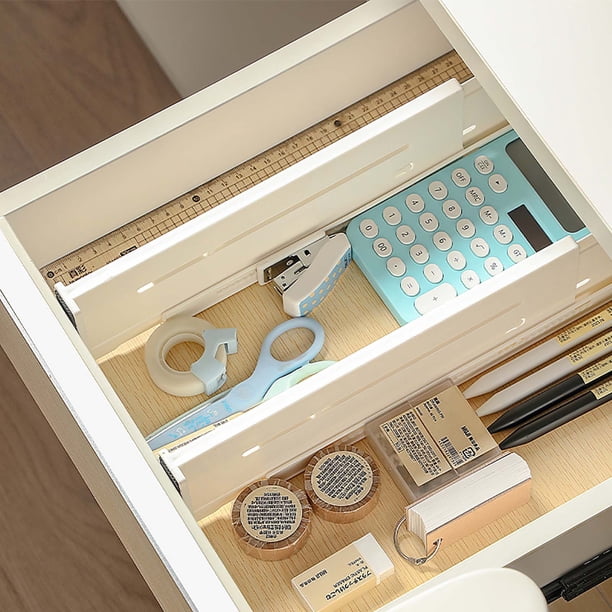 Separadores de cajones extensibles de plástico blanco ajustable de 14,6" y 10,6" – Organizador antideslizante para dormitorio, baño, cocina y almacenamiento de oficina, fácil de instalar, resistente