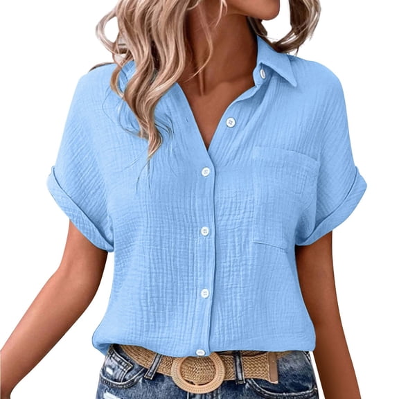 Womens Gauze Shirts Button Down Dressy Casual Tops Plain Shirts Camping Clothes Loose Fit Short Sleeve Collared Shirt Casual Flowy Summer Tops Muslin Button Down Shirt Plain Tshirts Sky Blue L