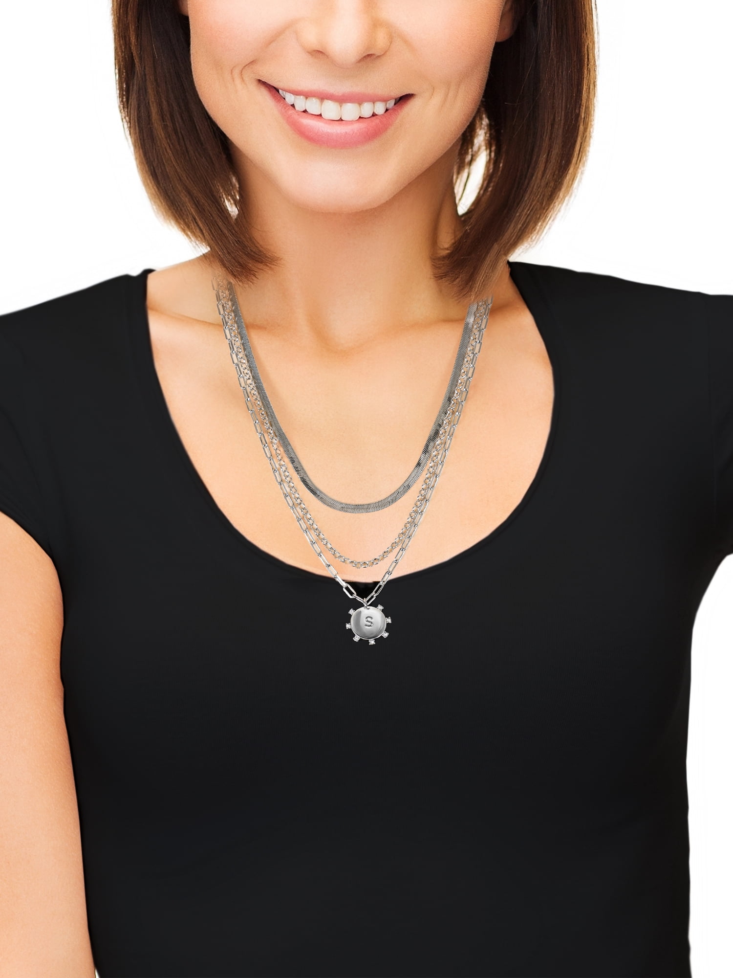 Time and Tru Silvertone Necklace, 3 Piece, Initial S