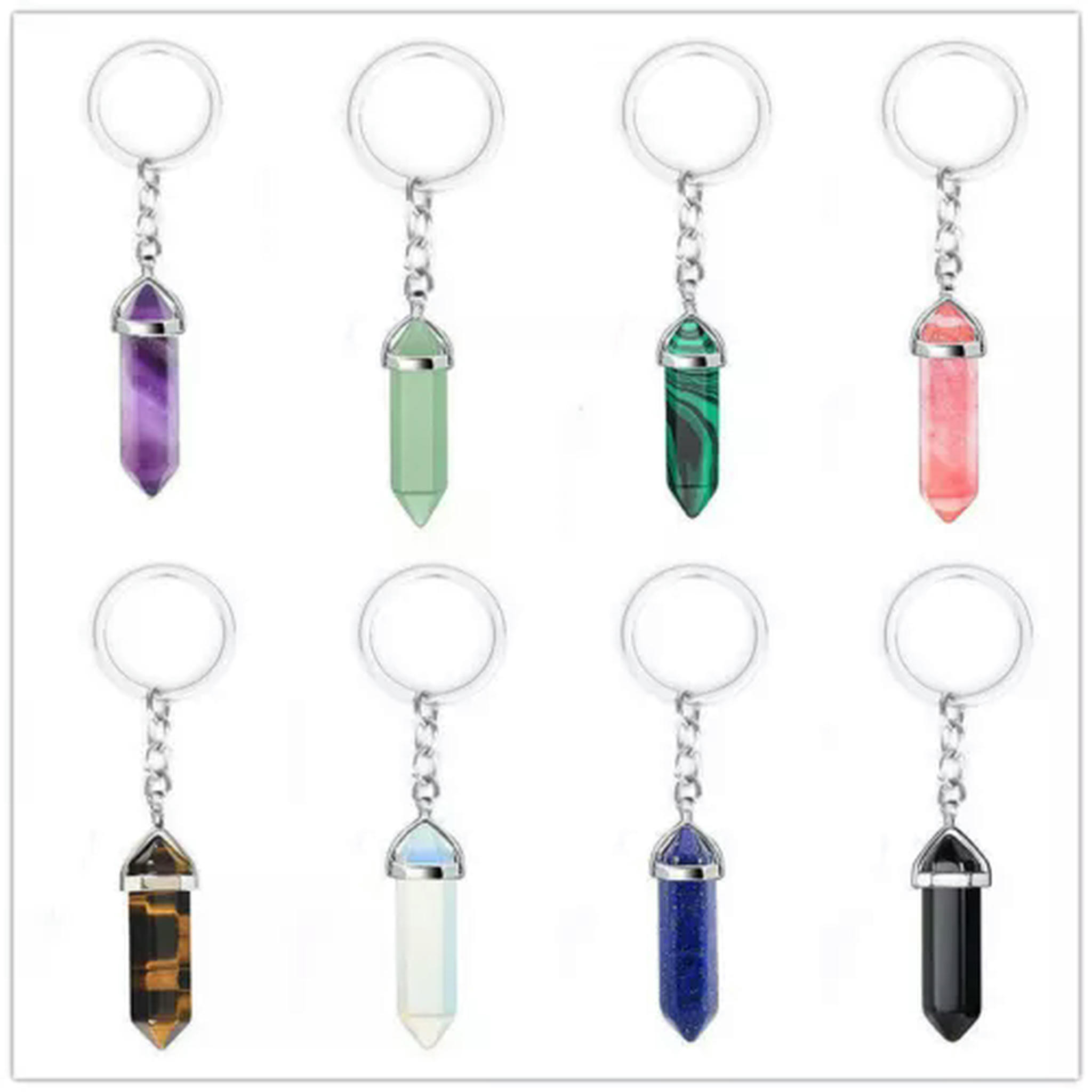 HOOUN 20PCS Hexagonal Pointed Stone Gem Crystal Keychain Key Ring Natural Healing-Cherry Quartz