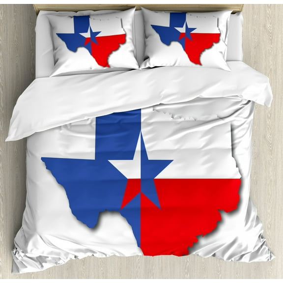 Texas Star Queen Size Duvet Cover Set, Outline of the Texas Map American Southwest Austin Houston City, Decorative 3 Piece Bedding Set with 2 Pillow Shams, Vermilion White Violet Blue, by Ambesonne