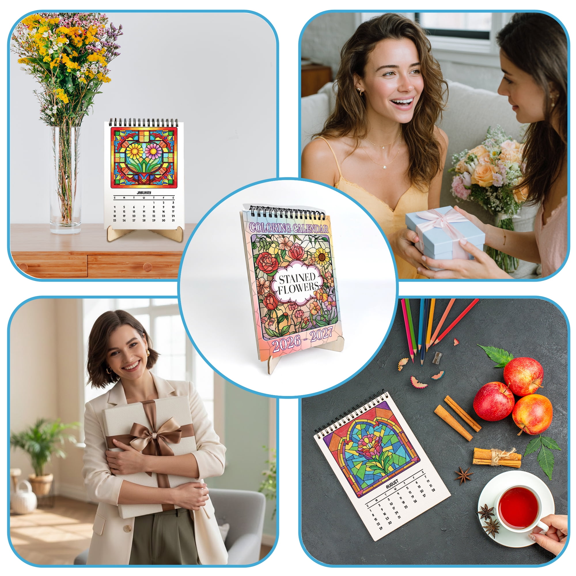 Stained Glass Flowers Coloring Desk Calendar 2026–2027, A5 Wooden Cover Planner with 26 Easy Coloring Pages for Adult Relaxation, 24 Month Desktop Calendar with Stand, Gift for Family & Friends