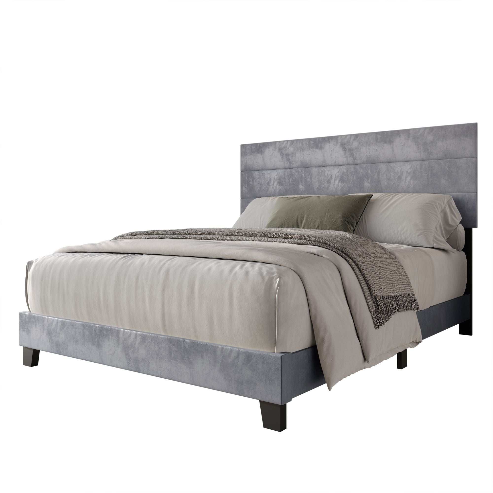 Home Design Vallejo King Velvet Upholstered Panel Bed Frame For Adult, Box Spring Required, Silver Gray