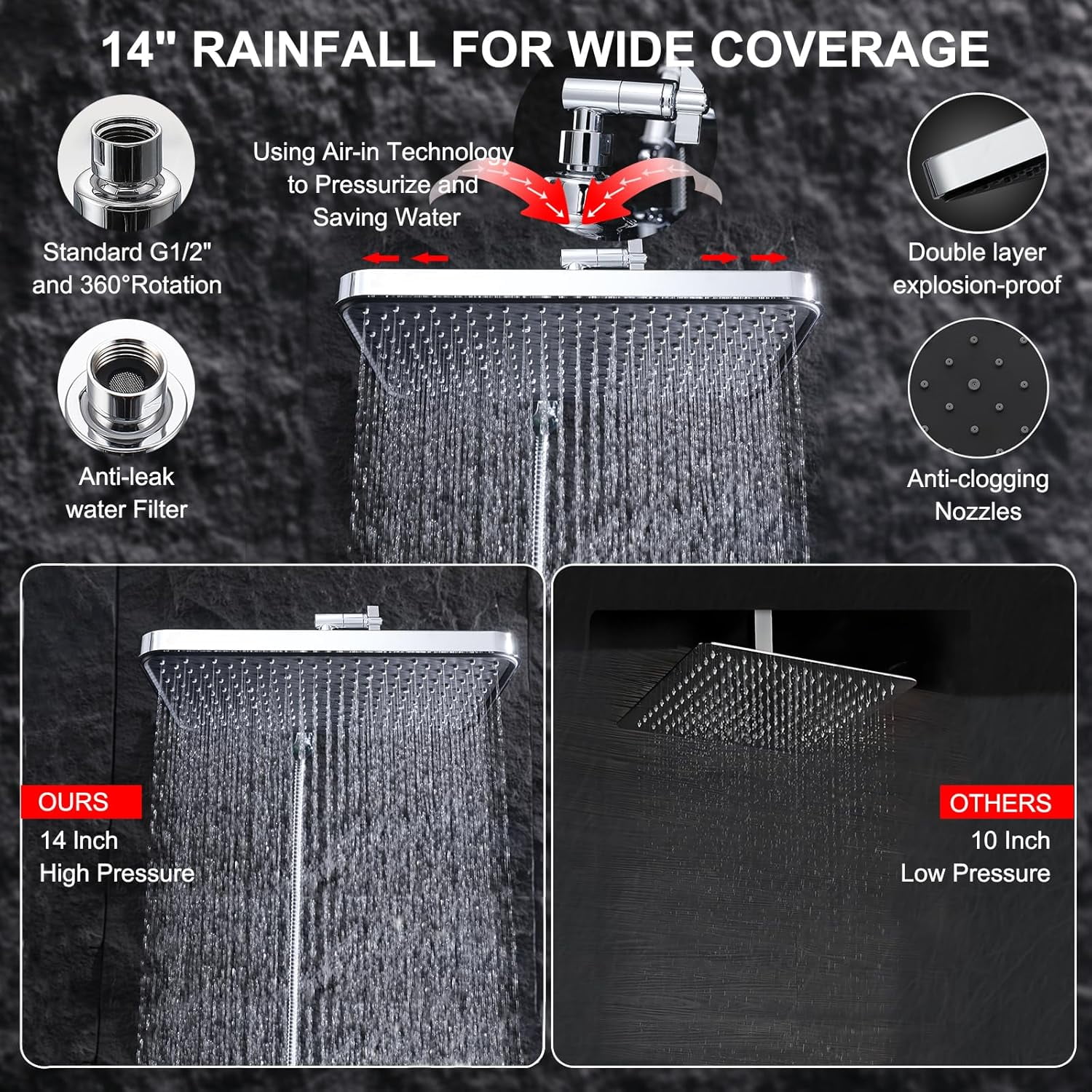 Rainfall Shower Head with Handheld, 14 Inch Rain Shower Head Combo,High Pressure Fixed Showerhead and 10 Spray Settings Handheld Shower Heads,Bathroom Accessories,Chrome