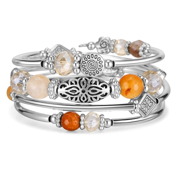 Fulu Autumn Pulseras Apilables Con Cuentas Para Mujer Boho Wrap Pulsera De Plata En Capas Joyería De Moda Regalos Para Ella (Marrón)