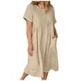 thumbnail image 1 of GYUJNB Robe Maxi d'Été en Coton et Lin pour Femmes Manches Courtes Col Rond Longue Coupe Décontractée avec Poches, 1 of 6