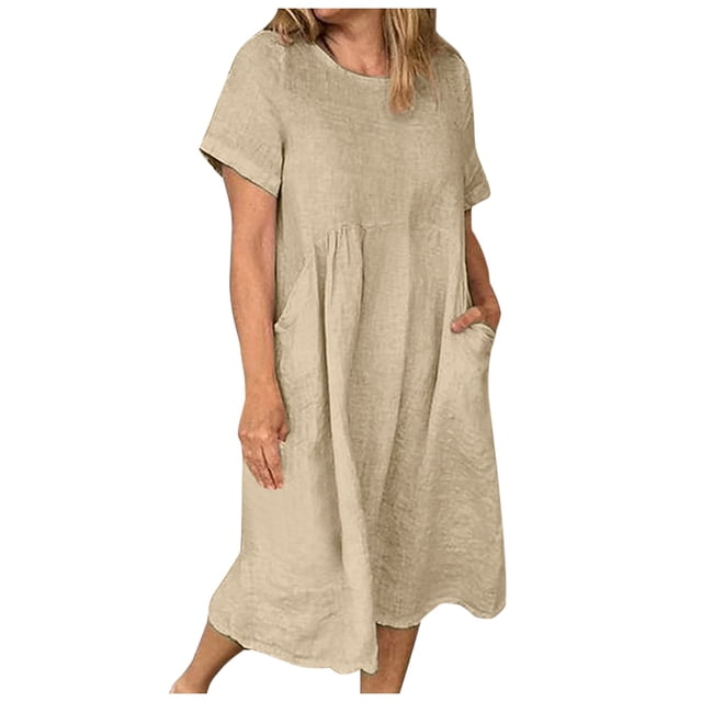 GYUJNB Robe Maxi d'Été en Coton et Lin pour Femmes Manches Courtes Col Rond Longue Coupe Décontractée avec Poches